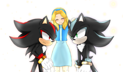 Size: 2500x1468 | Tagged: safe, artist:mephadow-emer1814, maria robotnik, mephiles the dark, shadow the hedgehog, human, 2024, blushing, eyebrow clipping through hair, eyes closed, frown, hand on another's head, hand on head, looking at each other, simple background, smile, standing, white background