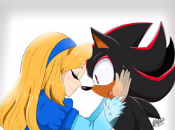 Size: 4190x3118 | Tagged: safe, artist:gaiamoonflayer, maria robotnik, shadow the hedgehog, human, sonic x shadow generations, 2024, duo, eyes closed, ghost, hands on another's face, holding another's face, mouth open, signature, simple background, smile, sweatdrop, tan skin, white background