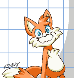 Size: 342x359 | Tagged: safe, artist:lopez765, miles "tails" prower, oc, oc:secret history tails, 2025, looking at viewer, pixel art, signature, smile, smiling at viewer, sonic secret history, standing