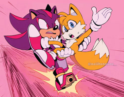 Size: 540x425 | Tagged: safe, artist:iluskonai, editor:iluskonai, miles "tails" prower, shadow the hedgehog, 2022, carrying them, edit, gay, shadow x tails, shipping, signature, skating
