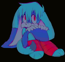 Size: 843x795 | Tagged: safe, artist:bobbutterbutt, kit the fennec, 2025, barefoot, black background, cute, frown, holding ear, looking at viewer, paws, simple background, sitting