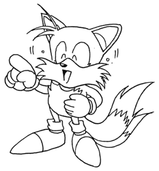 Size: 535x574 | Tagged: safe, artist:yasushi yamaguchi, miles "tails" prower, sonic the hedgehog 2, classic tails, crying, eyes closed, laughing, line art, mouth open, official artwork, pointing, simple background, smile, standing, tears, tears of laughter, white background