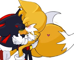 Size: 1099x889 | Tagged: safe, artist:proproship, miles "tails" prower, shadow the hedgehog, 2025, age difference, blushing, carrying them, eyes closed, gay, green blush, heart, holding each other, kiss, shadow x tails, shipping, simple background, underage, white background