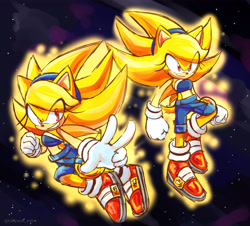 Size: 4980x4500 | Tagged: safe, artist:k3llywolfarts, sonic the hedgehog, super sonic, oc, oc:kelly the hedgehog, 2022, abstract background, flying, gender swap, mid-air, star (sky), super form, super oc