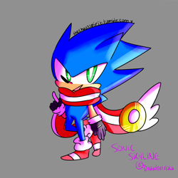 Size: 1000x1000 | Tagged: safe, artist:thechaosspirit, sonic the hedgehog, au:sonic skyline, 2015, alternate universe, chibi, cute, grey background, looking at viewer, pointing, scarf, signature, simple background, standing, text