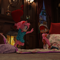 Size: 3000x3000 | Tagged: safe, artist:theowlgoesmoo, amy rose, grounder, sally acorn, scratch, 3d, alternate outfit, christmas, duo focus, fire, fireplace, indoors, mug, pillow, pillow fight, snowing, window