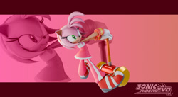 Size: 2048x1119 | Tagged: safe, artist:sonicridersrevo, amy rose, 2025, 3d, echo background, holding something, piko piko hammer, smile, smiling at viewer, solo, sonic riders, sonic riders evo, wallpaper