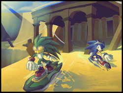 Size: 2048x1536 | Tagged: safe, artist:roorkich, jet the hawk, sonic the hedgehog, 2025, abstract background, daytime, duo, extreme gear, frown, goggles, outdoors, racing, sand, sand ruins, sonic riders, sunglasses