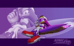 Size: 2048x1280 | Tagged: safe, artist:sonicridersrevo, wave the swallow, 2023, 3d, echo background, extreme gear, looking at viewer, sitting, smile, smiling at viewer, solo, sonic riders, sonic riders evo, wallpaper