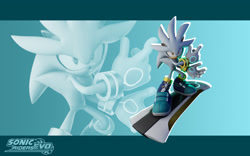 Size: 2048x1280 | Tagged: safe, artist:sonicridersrevo, silver the hedgehog, 2023, 3d, echo background, extreme gear, looking at viewer, solo, sonic riders, sonic riders evo, wallpaper