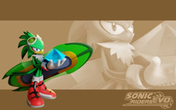 Size: 2048x1280 | Tagged: safe, artist:sonicridersrevo, jet the hawk, 2023, 3d, chaos emerald, echo background, extreme gear, holding something, looking at viewer, solo, sonic riders, sonic riders evo, standing, wallpaper