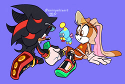 Size: 900x604 | Tagged: safe, artist:sunnyaliceart, cheese (chao), cream the rabbit, shadow the hedgehog, chao, 2023, cute, extreme gear, flapping wings, flat colors, flying, kneeling, mid-air, neutral chao, purple background, signature, simple background, sitting, smile, sonic riders, sunglasses, trio