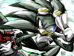 Size: 1700x1275 | Tagged: safe, artist:alisa006, jet the hawk, 2022, chest fluff, extreme gear, holding something, looking offscreen, signature, smile, solo, sonic riders, v sign