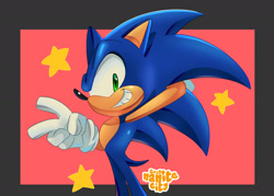 Size: 1897x1355 | Tagged: safe, artist:nanitecity, sonic the hedgehog, 2025, abstract background, hand behind head, looking at viewer, side view, signature, smile, smiling at viewer, solo, standing, star (symbol), v sign