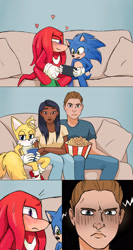 Size: 1540x2901 | Tagged: safe, artist:shadystation, knuckles the echidna, maddie wachowski, miles "tails" prower, sonic the hedgehog, tom wachowski, human, sonic the hedgehog 2 (2022), angry, drink, drinking, food, gay, group, heart, knuxonic, phone, pillow, popcorn, shipping, sitting, smartphone, sofa, straw