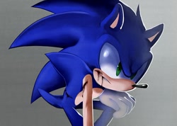 Size: 600x427 | Tagged: safe, artist:syesye996, sonic the hedgehog, bleeding, bleeding from mouth, blood, gradient background, hand on knee, injured, looking offscreen, scratch (injury), solo, wound