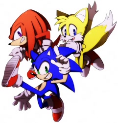 Size: 736x764 | Tagged: safe, artist:syesye996, knuckles the echidna, miles "tails" prower, sonic the hedgehog, looking at viewer, mid-air, simple background, smile, smiling at viewer, team sonic, trio, white background