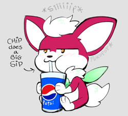Size: 931x850 | Tagged: safe, artist:pukopop, chip, sonic unleashed, 2023, :3, chipabetes, cute, drink, drinking, english text, fizzy soda can, flat colors, holding something, lidded eyes, paws, pepsi, real-time fandub games, sfx, signature, sitting, soda, solo, star (symbol), text