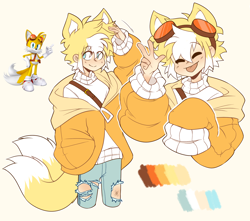 Size: 1684x1491 | Tagged: safe, artist:hunny009, miles "tails" prower, human, 2024, alternate outfit, belt, clothes, color palette, cute, goggles, grey background, humanized, jacket, jeans, partially humanized, reference inset, ripped pants, shirt, simple background, smile, solo, standing, tail, tongue out