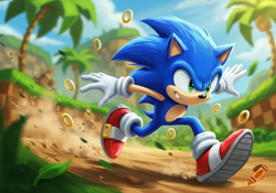 Size: 1280x896 | Tagged: safe, ai art, artist:craiyon, sonic the hedgehog, green hill zone, abstract background, arms out, clouds, daytime, dust clouds, grass, leaf, lineless, looking ahead, looking offscreen, outdoors, palm tree, ring, running, smile, solo