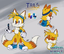 Size: 2048x1713 | Tagged: safe, artist:behtartz, miles "tails" prower, 2025, backpack, character name, chest fluff, color palette, ear fluff, fur markings, goggles, goggles on head, gradient background, one fang, pointing, redesign, signature, smile, solo, standing, text