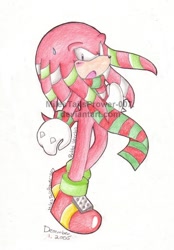 Size: 428x614 | Tagged: safe, artist:milestailsprower-007, knuckles the echidna, 2005, blushing, christmas, christmas outfit, looking at viewer, scarf, signature, simple background, solo, standing, sweatdrop, traditional media, white background