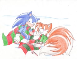 Size: 776x600 | Tagged: safe, artist:milestailsprower-007, miles "tails" prower, sonic the hedgehog, 2004, blushing, candy cane, christmas, christmas outfit, crouching, crying, duo, eyes closed, food, looking at them, outdoors, scarf, smile, tears, traditional media