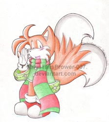 Size: 506x568 | Tagged: safe, artist:milestailsprower-007, miles "tails" prower, 2005, blushing, christmas, christmas outfit, mouth open, open smile, oversized, scarf, simple background, smile, smiling at viewer, solo, sweater, traditional media, white background, wink