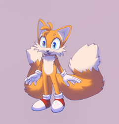 Size: 2048x2126 | Tagged: safe, artist:raffi-cat, miles "tails" prower, 2025, grey background, looking offscreen, mouth open, open smile, simple background, smile, solo, standing, whiskers