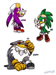 Size: 806x1084 | Tagged: safe, artist:ilovebabylonrogues, jet the hawk, storm the albatross, wave the swallow, 2025, babylon rogues, character name, cute, fixing glove, jetabetes, scratching head, simple background, stormabetes, text, trio, waveabetes, white background