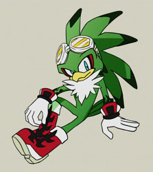 Size: 1907x2141 | Tagged: safe, artist:ilovebabylonrogues, jet the hawk, 2025, grey background, hand on ground, looking at viewer, simple background, sitting, smile, smiling at viewer, solo