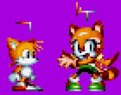 Size: 280x220 | Tagged: safe, artist:igjh, marine the raccoon, miles "tails" prower, sonic mania, 2021, color palette, duo, mouth open, open smile, pixel art, purple background, simple background, smile, smiling at viewer, solo focus, sprite, style emulation