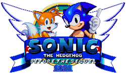 Size: 260x154 | Tagged: safe, artist:blitzerhog12, miles "tails" prower, sonic the hedgehog, 2021, classic sonic, classic tails, duo, emblem, looking at viewer, pixel art, sega logo, simple background, smile, smiling at viewer, sonic the hedgehog: before the sequel, sprite, text, transparent background, wagging finger