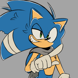 Size: 2048x2048 | Tagged: safe, artist:joopitor, sonic the hedgehog, 2024, alternate outfit, alternate universe, au:renegade, bandage, chipped ear, looking offscreen, pointing, scarf, smile, solo, top surgery scars, trans boy sonic, trans male, transgender