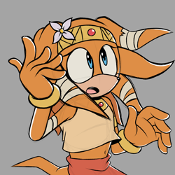 Size: 2048x2048 | Tagged: safe, artist:joopitor, tikal, 2024, alternate outfit, alternate universe, au:renegade, belly button, flower, flower in hair, grey background, looking offscreen, midriff, mouth open, simple background, solo, standing