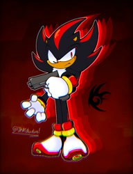 Size: 788x1025 | Tagged: safe, artist:jpastudio, shadow the hedgehog, 2025, frown, gradient background, gun, holding something, outline, shadow's logo, signature, solo, standing