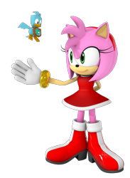Size: 3000x4096 | Tagged: safe, artist:tppercival, amy rose, flicky, sonic adventure, 2024, 3d, absurd res, duo, flying, hands behind back, lily, looking at each other, mid-air, simple background, smile, standing, transparent background