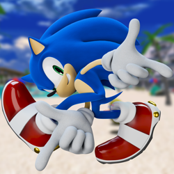Size: 3840x3840 | Tagged: safe, artist:gameguybenn, artist:hunicrio, sonic the hedgehog, sonic adventure, 2024, 3d, abstract background, adventure pose, emerald coast, light shoes, looking at viewer, pointing, posing, smile, solo