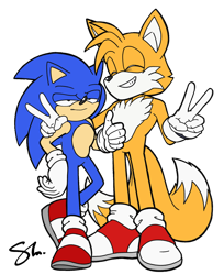 Size: 900x1104 | Tagged: safe, artist:molochtdl, miles "tails" prower, sonic the hedgehog, 2020, aged up, double v sign, duo, eyes closed, flat colors, frown, happy, lidded eyes, older, signature, simple background, smile, sonic is not amused, standing, thumbs up, transparent background, unamused, v sign