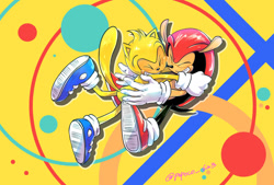 Size: 1000x676 | Tagged: safe, artist:popoco623, mighty the armadillo, ray the flying squirrel, sonic mania, 2019, abstract background, blue shoes, cute, duo, eyes closed, hugging, signature, smile, sonic mania plus