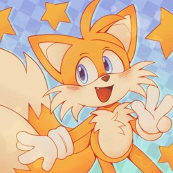 Size: 2048x2048 | Tagged: safe, artist:r0yalstar, miles "tails" prower, 2025, blushing, checkered background, cute, looking offscreen, one fang, smile, solo, standing, star (symbol), tailabetes, v sign