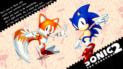 Size: 2160x1216 | Tagged: safe, artist:ultraistinctdrawing, miles "tails" prower, sonic the hedgehog, sonic the hedgehog 2, 2023, abstract background, classic sonic, classic style, classic tails, duo, looking at viewer, smile, wallpaper