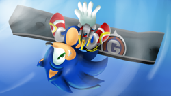Size: 1920x1080 | Tagged: safe, artist:pika-poyo, sonic the hedgehog, sonic adventure 2, 2018, daytime, g.u.n logo, looking at viewer, mid-air, outdoors, redraw, smile, smiling at viewer, solo, upside down