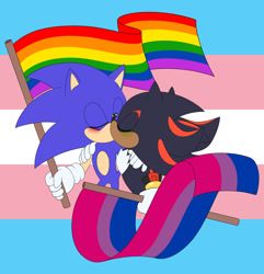 Size: 1280x1327 | Tagged: safe, artist:raadwolvesart, artist:sparksketching, shadow the hedgehog, sonic the hedgehog, 2019, arm around shoulders, bisexual, bisexual pride, duo, eyes closed, flag, flat colors, gay, gay pride, green blush, holding something, kiss, pride, pride flag, pride flag background, shadow x sonic, shipping, t4t, trans boy shadow, trans boy sonic, trans male, trans pride, transgender