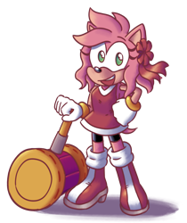 Size: 2048x2434 | Tagged: safe, artist:raadwolvesart, artist:sparksketching, amy rose, 2024, eyelashes, hand on hip, holding something, long hair, looking at viewer, piko piko hammer, ribbon, shorts, simple background, smile, smiling at viewer, solo, standing, transparent background