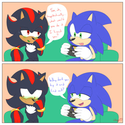 Size: 1280x1280 | Tagged: safe, artist:raadwolvesart, artist:sparksketching, shadow the hedgehog, sonic the hedgehog, 2019, blushing, crossover, dialogue, duo, english text, flat colors, gameboy advance, gay, gloves off, green blush, green tongue, looking at them, looking away, ristar, sfx, shadow x sonic, shipping, shrunken pupils, sitting, sofa, speech bubble, sweatdrop, talking, text, tongue out