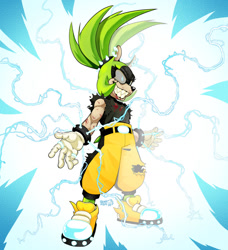 Size: 1077x1181 | Tagged: safe, artist:gemlik_rogue, surge the tenrec, 2025, blood, clenched teeth, electricity, grey sclera, looking offscreen, nightmare fuel, ripped pants, scratch (injury), scuff mark, signature, smile, solo, standing, torn clothes