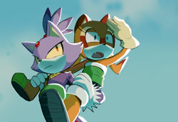 Size: 2048x1410 | Tagged: safe, artist:rocketrrush, blaze the cat, marine the raccoon, 2025, duo, riding on shoulders, standing, yellow sclera