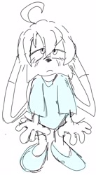 Size: 1397x2545 | Tagged: safe, artist:bobbutterbutt, kit the fennec, 2025, clothes, fennec, frown, lidded eyes, line art, looking at viewer, male, monochrome, pajamas, shirt, simple background, sketch, solo, spot color, white background