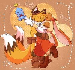 Size: 700x650 | Tagged: safe, artist:mono, cheese (chao), cream the rabbit, miles "tails" prower, chao, fox, rabbit, clothes, cream x tails, dress, goggles, shipping, straight, trio